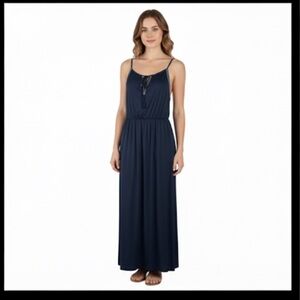 Maurices Navy Blue Embroidered Boho Maxi Dress XL Keyhole Neck